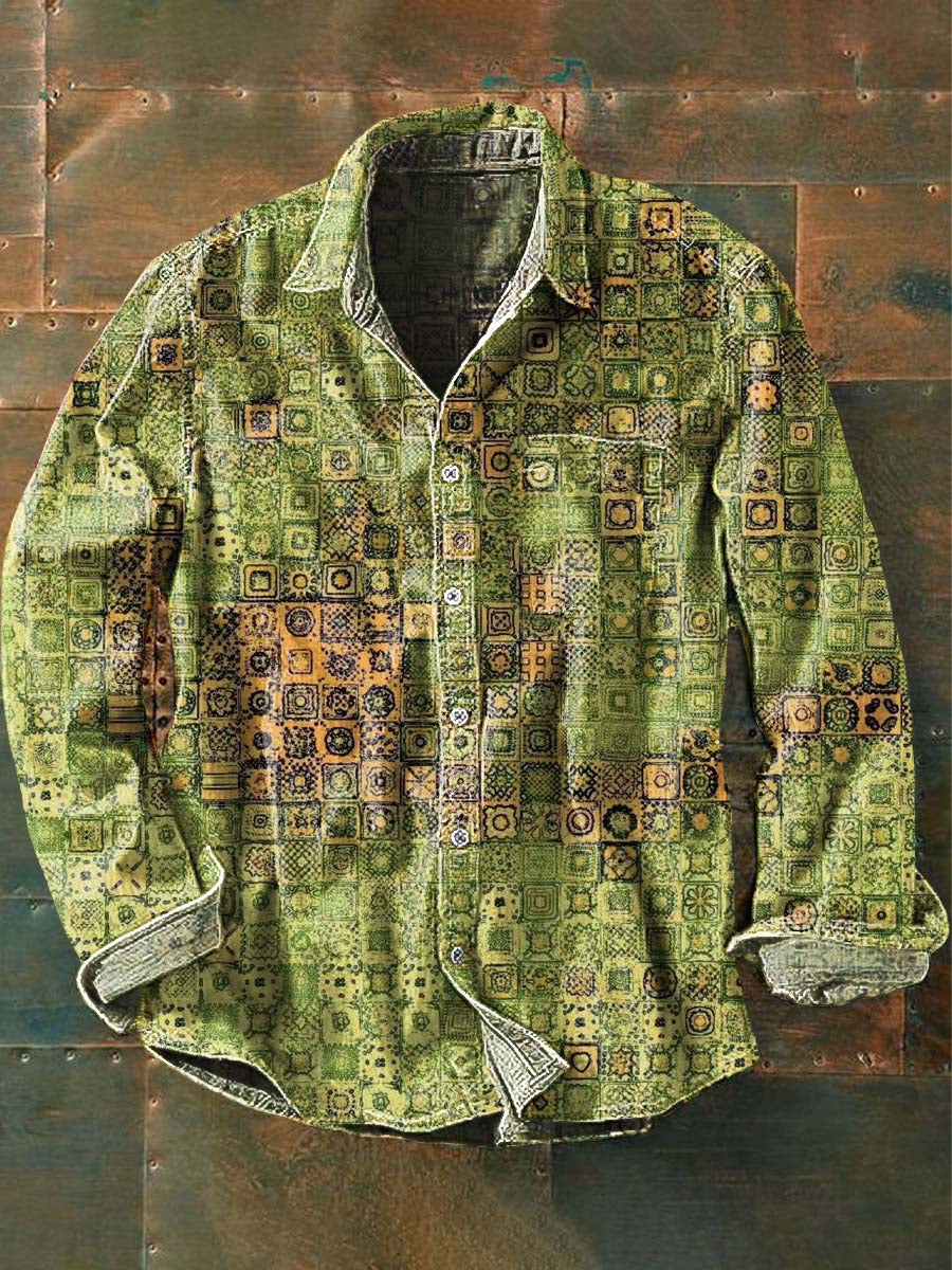 Xadrez gradiente Vintage masculino impresso camisa de manga longa lapela Casual