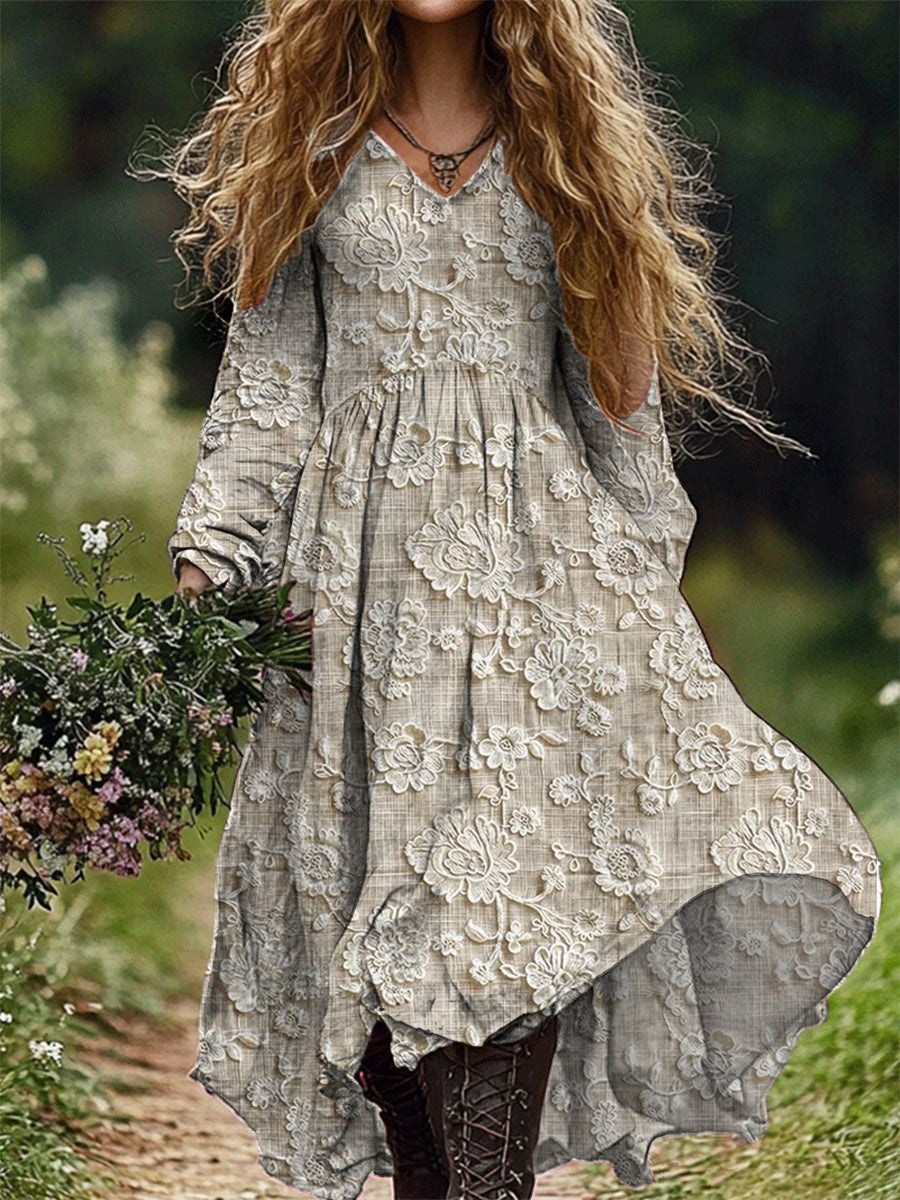 Retro Floral Art Imprimir V-Neck Elegante Chic Loose Long Sleeve Midi Dress