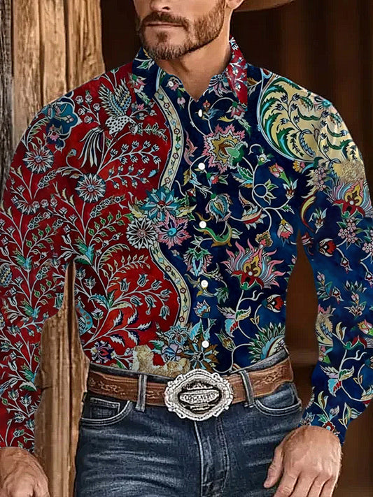 Flores coloridas étnicas ocidentais Vintage masculino imprime camisa de manga longa