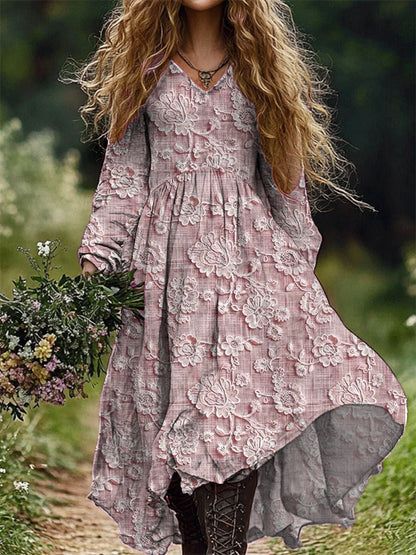 Retro Floral Art Imprimir V-Neck Elegante Chic Loose Long Sleeve Midi Dress