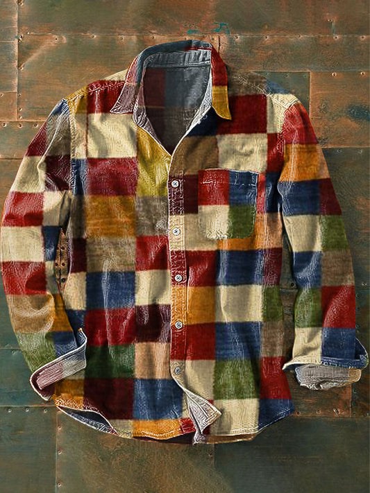 Cor Vintage bloco Patchwork arte impressão manga longa bolso camisa do homens