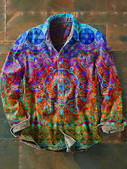 Mandala Vintage impressão Casual lapela camisa de manga longa masculina