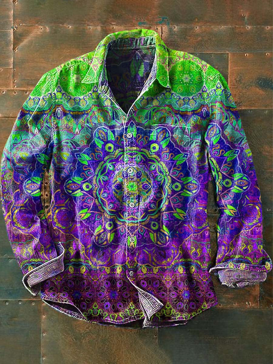Mandala Vintage impressão Casual lapela camisa de manga longa masculina