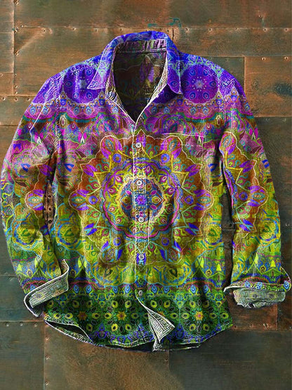 Mandala Vintage impressão Casual lapela camisa de manga longa masculina