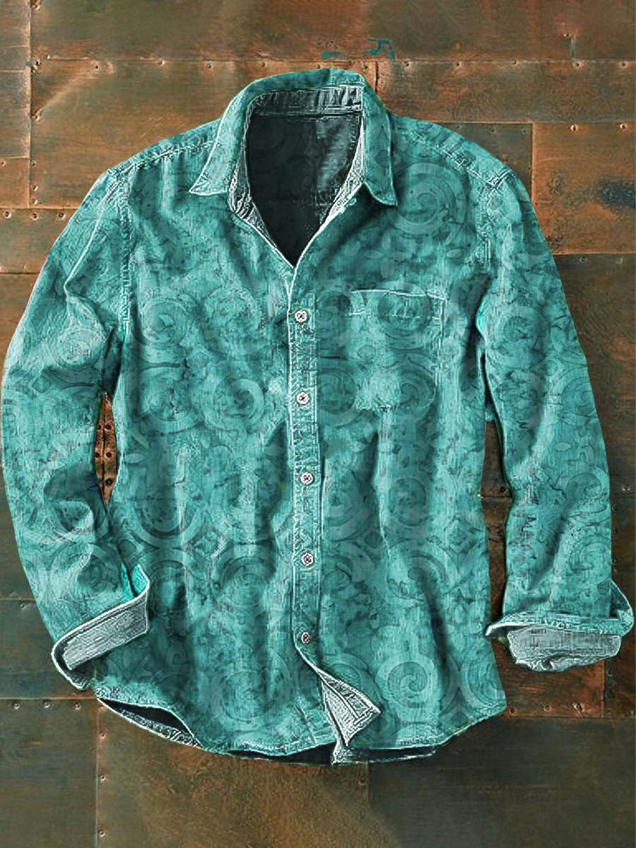 Camisa de manga longa Casual impressão ocidental Vintage masculina