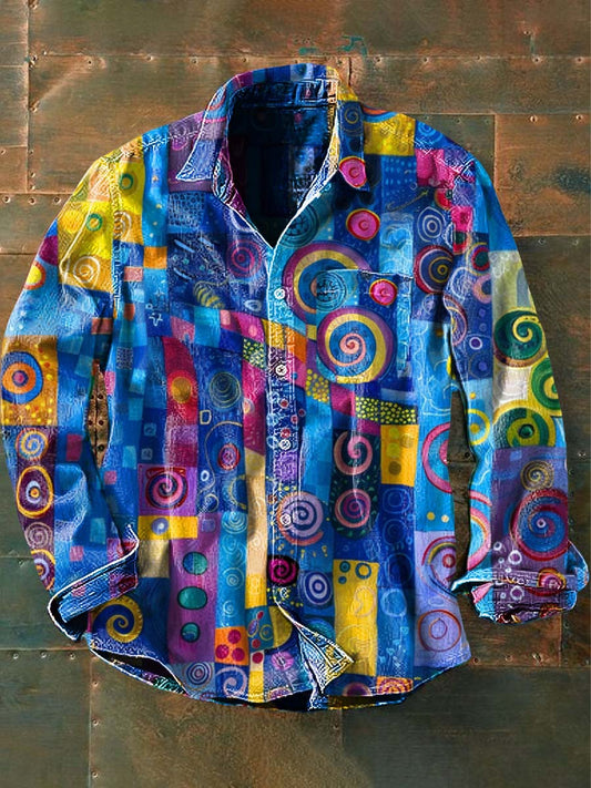 Mens Vintage Impressão Abstrata Casual Manga Longa Camisa