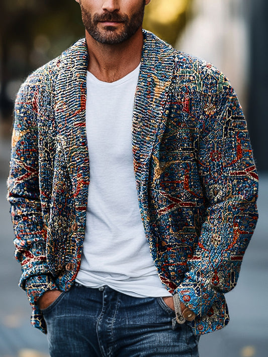 Cavalheiro Vintage étnica Floral Art impressão lapela bolso malha Cardigan