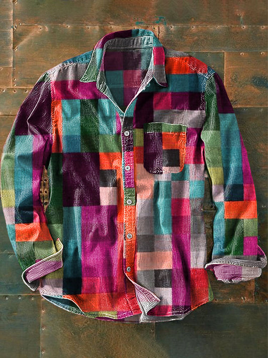 Vintage xadrez Multicolor arte impressão lapela manga longa bolso camisa do homens