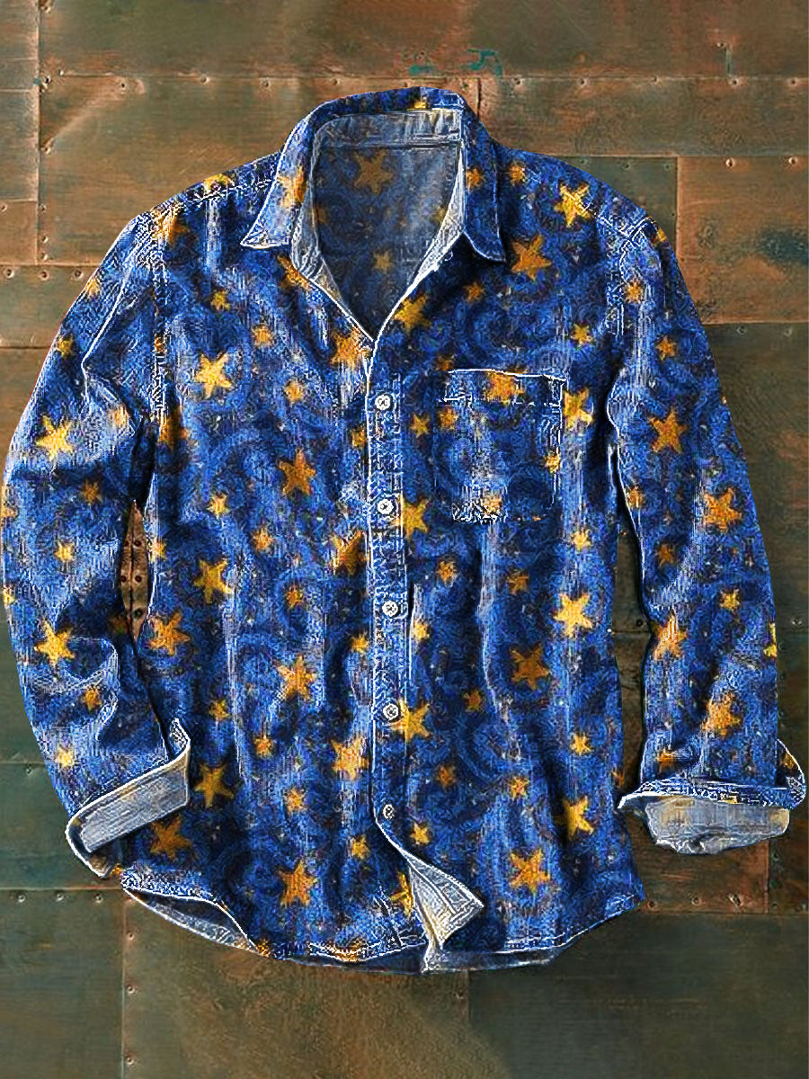 Unisex Vintage céu ouro estrelas arte impressão algodão lapela manga comprida bolso camisa
