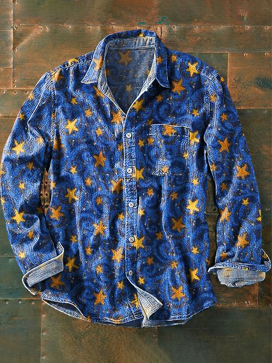 Unisex Vintage céu ouro estrelas arte impressão algodão lapela manga comprida bolso camisa