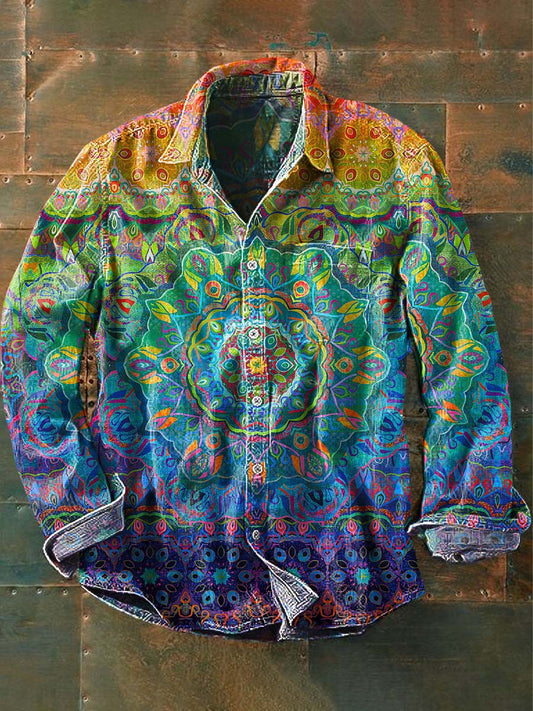 Camisa de manga longa lapela Casual impressão Floral Vintage colorido masculino