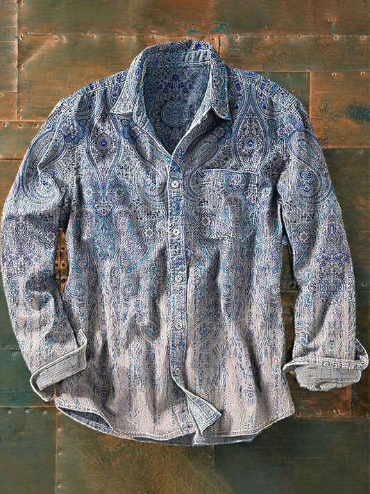 Unisex Vintage gradiente cor étnica Floral arte impressão lapela manga comprida bolso camisa