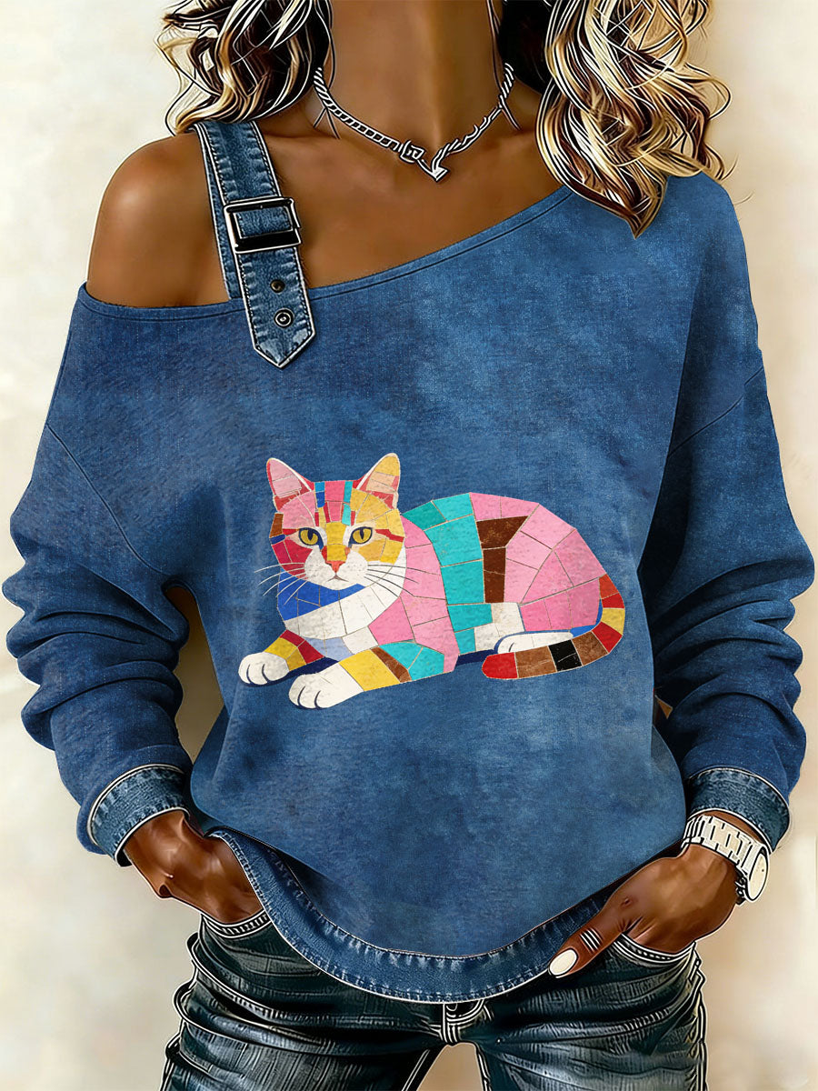 Gato Vintage Patchwork impressão Casual Off-ombro moletom feminino