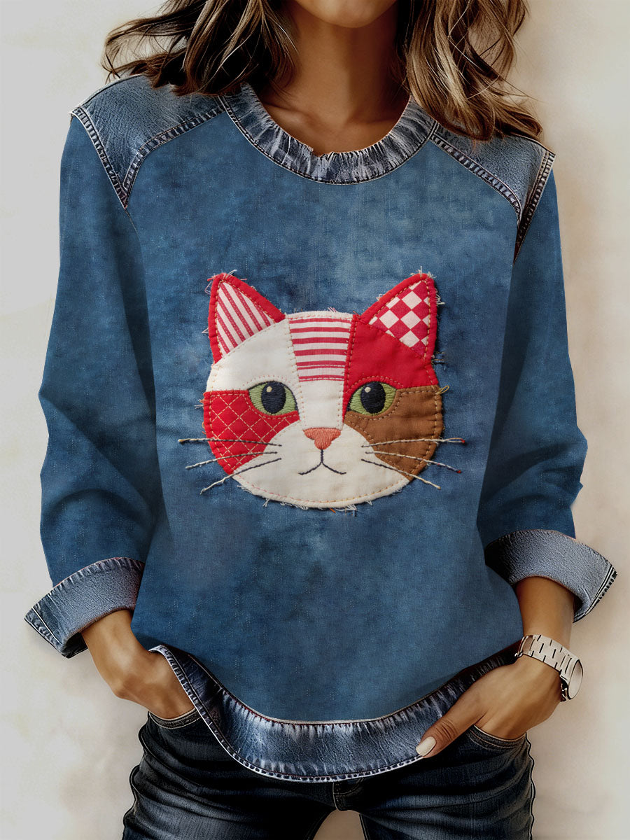 Gato Vintage Patchwork impressão Casual moletom do mulheres