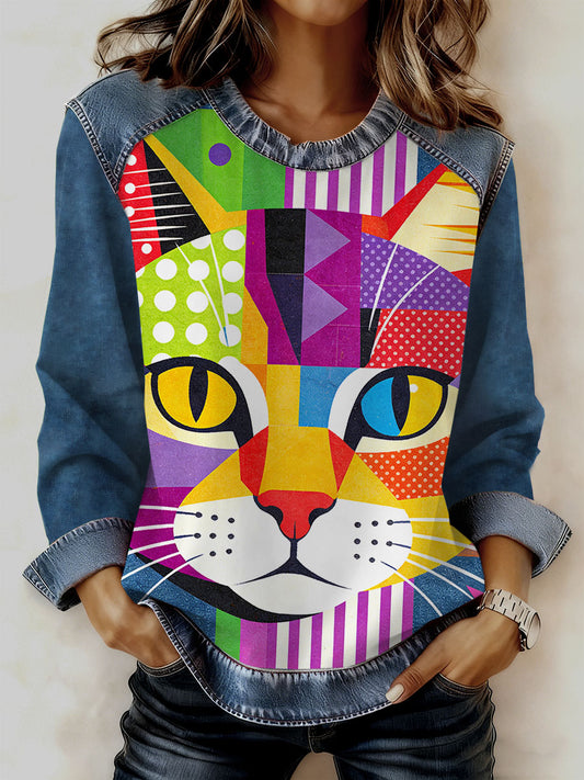 Gato Vintage Patchwork impressão Casual moletom do mulheres