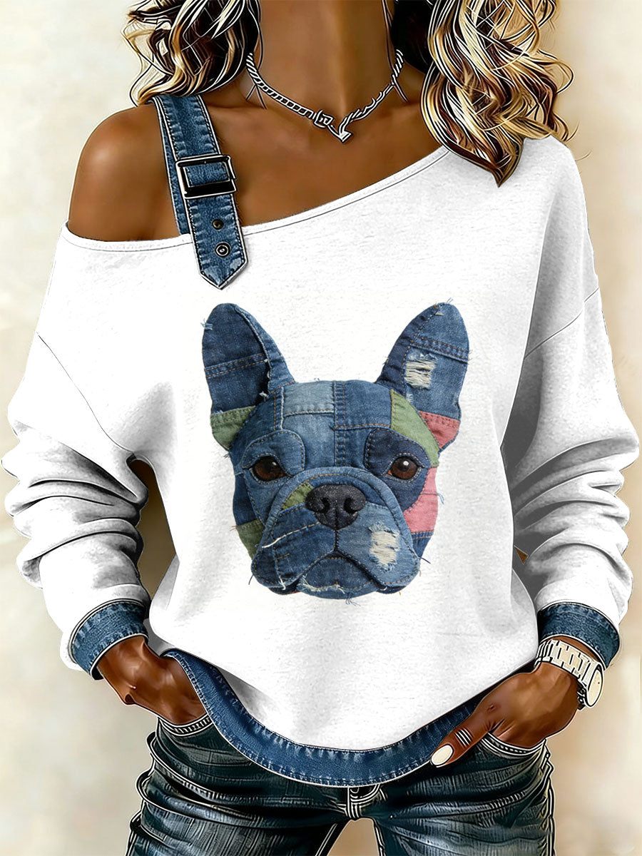 Patchwork do cão Vintage impressão Casual Off-ombro moletom feminino