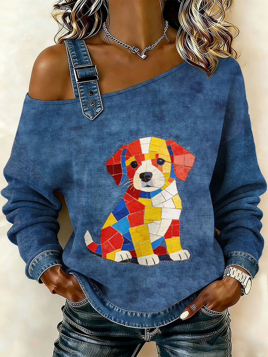 Patchwork do cão Vintage impressão Casual Off-ombro moletom feminino