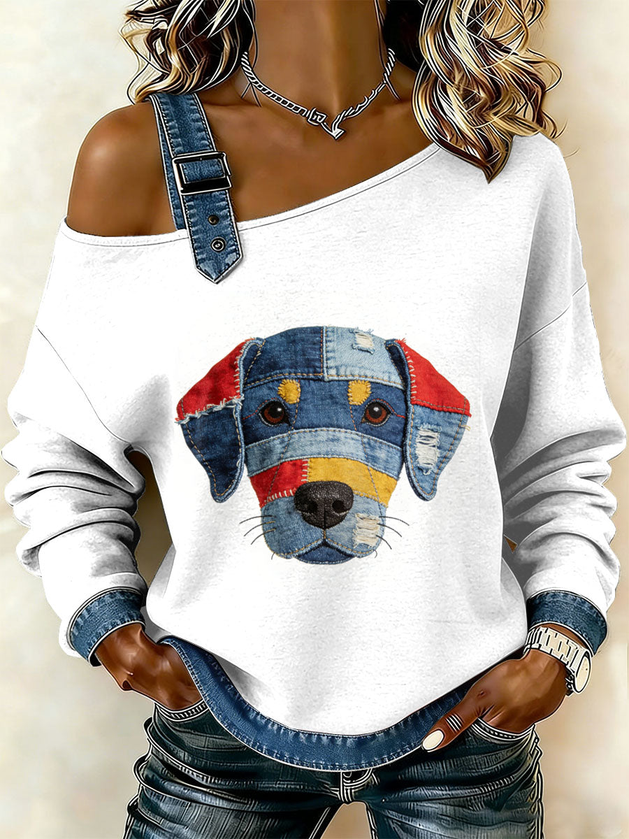 Patchwork do cão Vintage impressão Casual Off-ombro moletom feminino