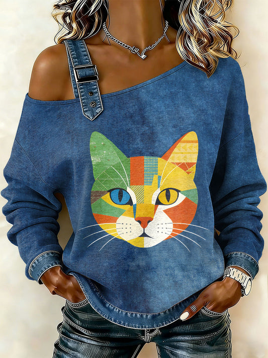 Gato Vintage Patchwork impressão Casual Off-ombro moletom feminino