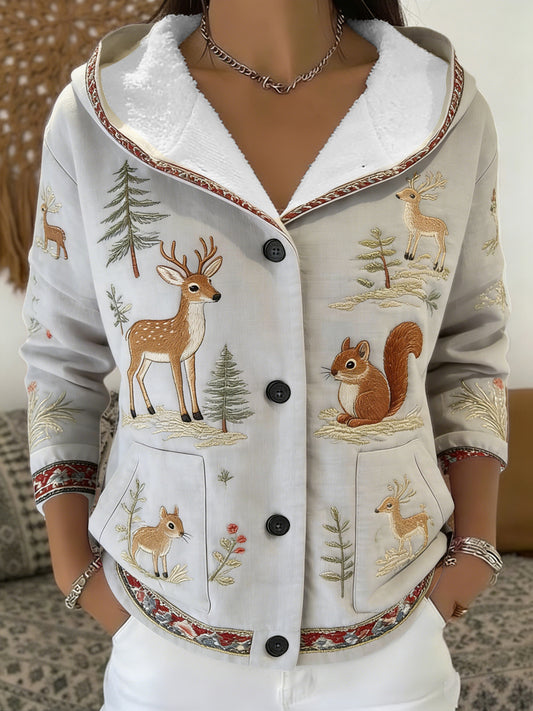 Caprichado luz cinza floresta veados e esquilo das mulheres bordado Sherpa-Forrado jaqueta