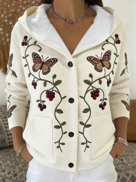 Encantador Creme Butterfly & Jaqueta Sherpa-Forrado Bordado Berry Vine das mulheres