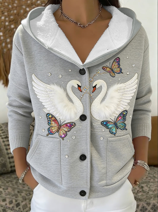 Jaqueta Sherpa-forrado feminino cintilante cinza cisne e borboleta bordado