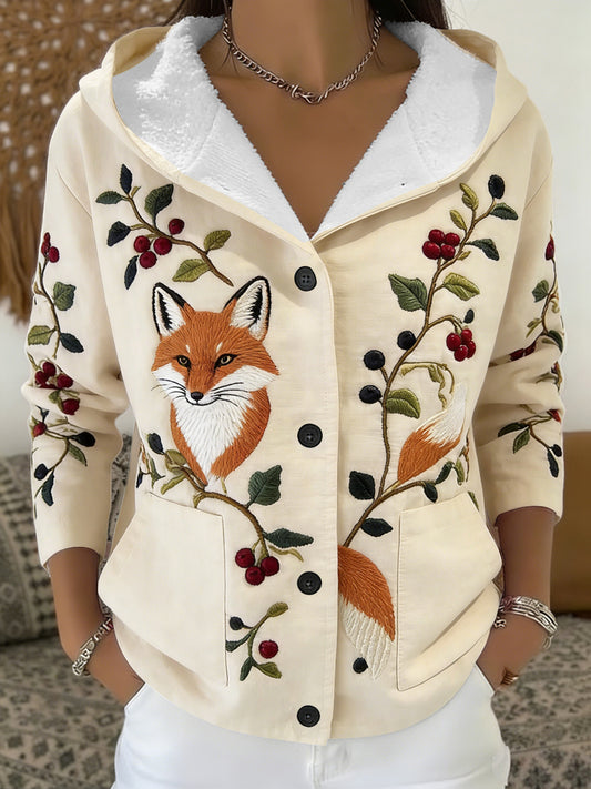 Mulheres Elegante Bege Fox & Berry Branch bordado Sherpa-Forrado Jaqueta
