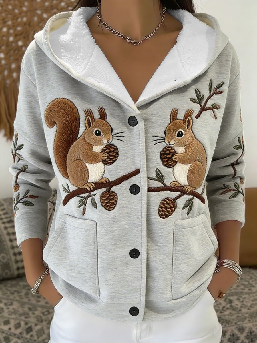 Casaco Sherpa-Forrado-bonito das mulheres Light Grey esquilo & pinha bordado