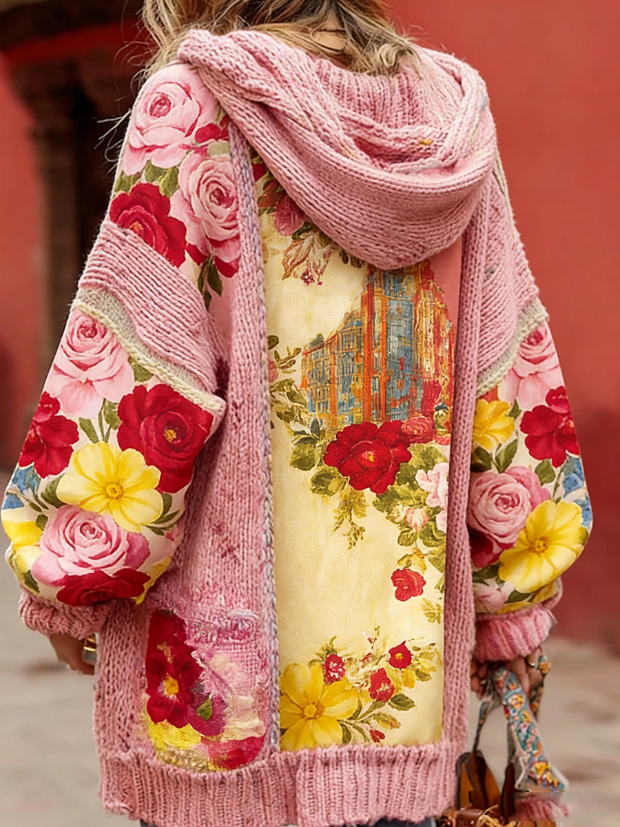 Estilo Vintage consciência de câncer de mama feminino temático padrão Floral Button-Up confortável com capuz Cardigan Sweater