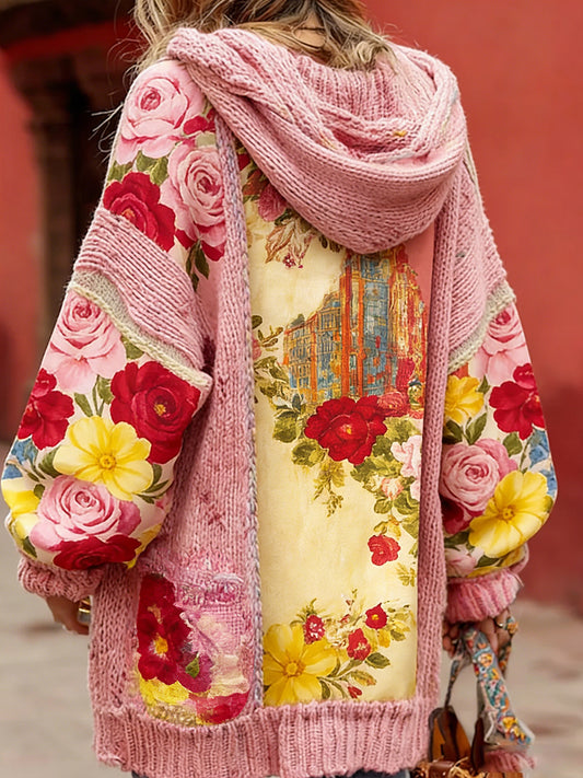 Estilo Vintage consciência de câncer de mama feminino temático padrão Floral Button-Up confortável com capuz Cardigan Sweater