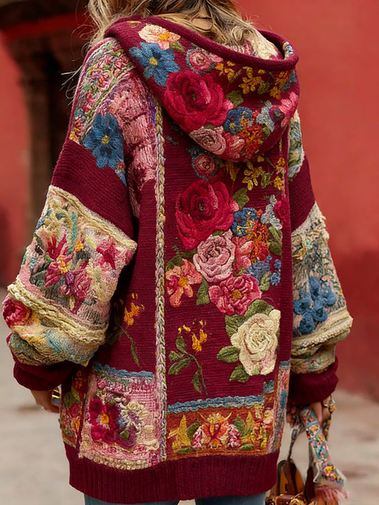 Estilo Vintage consciência de câncer de mama feminino temático padrão Floral Button-Up confortável com capuz Cardigan Sweater