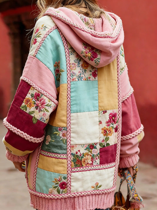 Estilo Vintage consciência de câncer de mama feminino temático padrão Floral Button-Up confortável com capuz Cardigan Sweater