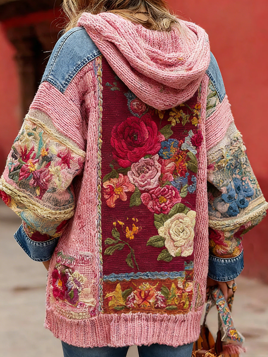 Estilo Vintage consciência de câncer de mama feminino temático padrão Floral Button-Up confortável com capuz Cardigan Sweater