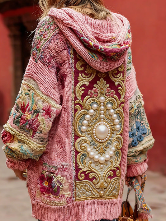 Estilo Vintage consciência de câncer de mama feminino temático padrão Floral Button-Up confortável com capuz Cardigan Sweater