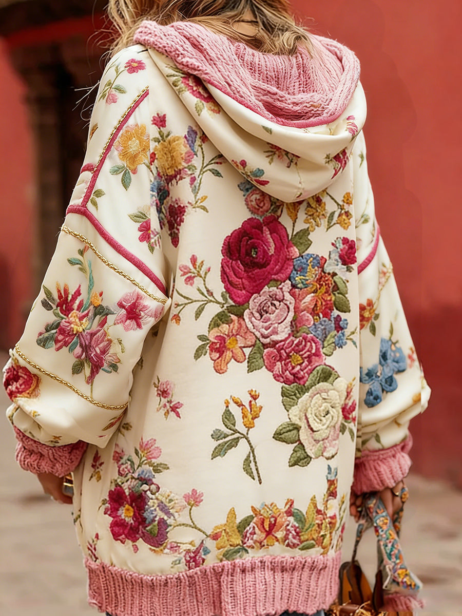 Estilo Vintage consciência de câncer de mama feminino temático padrão Floral Button-Up confortável com capuz Cardigan Sweater