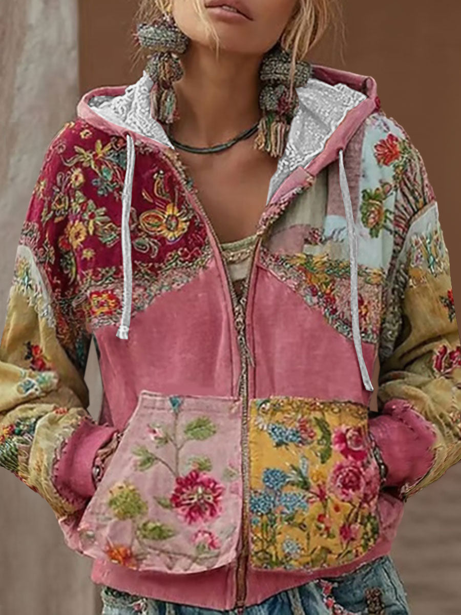 Rosa Estampa Floral Casual Zip-Up Top de Mulher