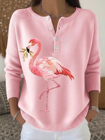 Flamingo bordado padrão camisola de malha aconchegante feminino