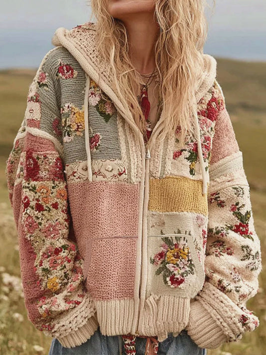 Casaco de Zip-Up Casual estampado floral rosa feminino