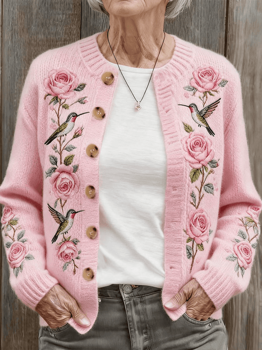 Outono e inverno rosa colibri floral confortável camisola quente cardigan das mulheres