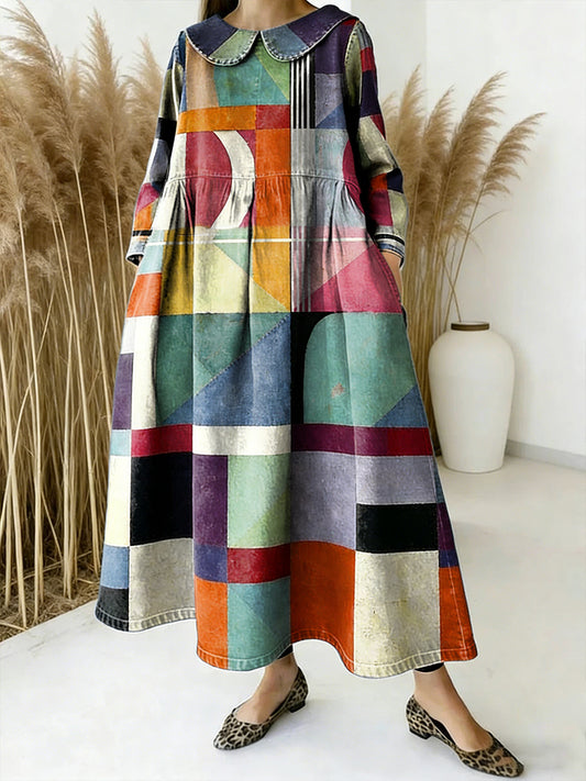 Patchwork artístico imprimir vestido de colarado manga comprida das mulheres
