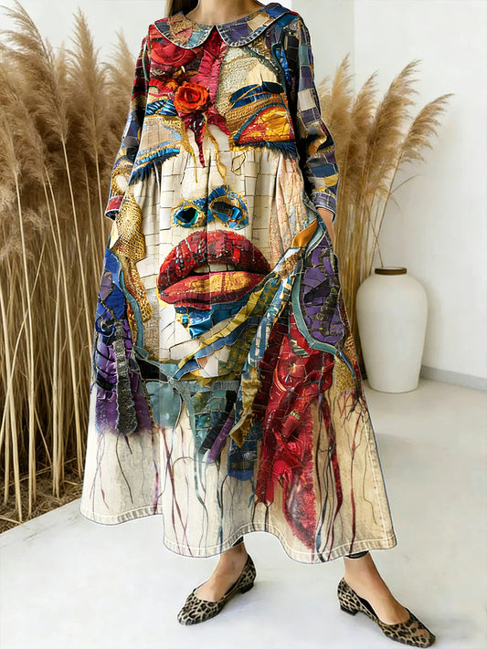 Patchwork artístico impressão vestido de manga comprida Vintage feminino