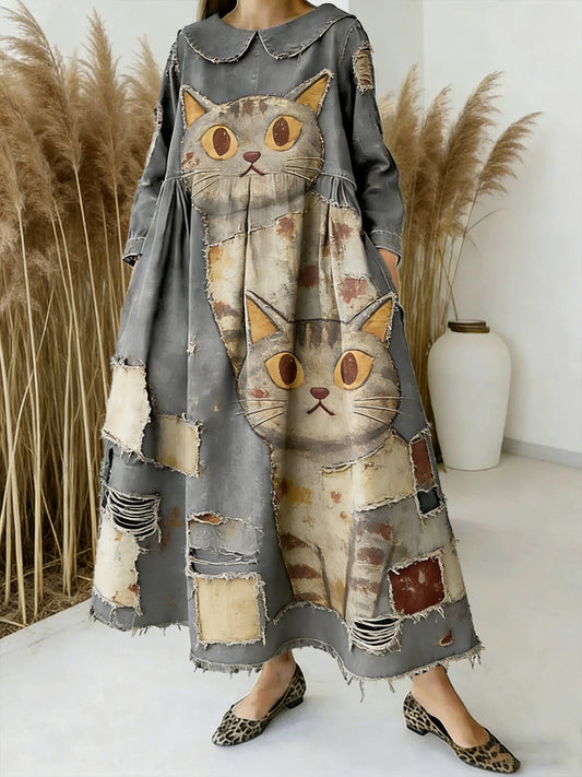 Gato bonito Patchwork Patchwork impressão vestido de manga comprida Vintage feminino