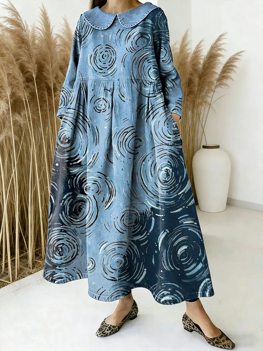 Vestido de colarinho feminino Illustrated Art Print azul manga comprida