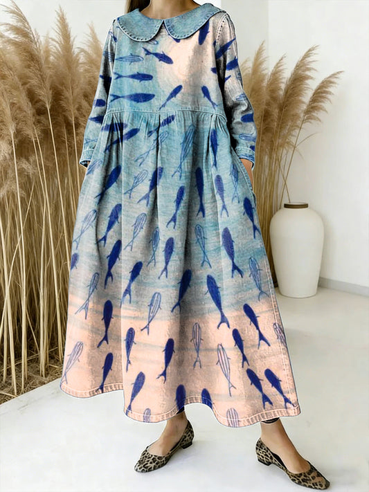 Arte ilustrada impressão gradiente vestido de colarinho feminino