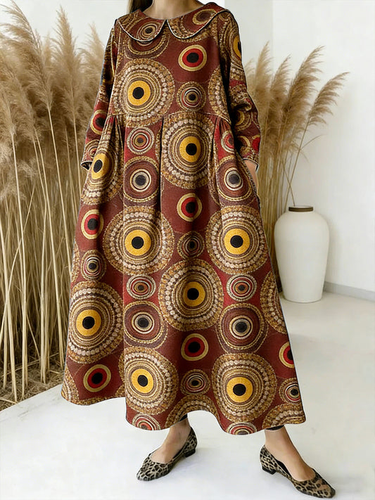 Arte Floral tradicional impressão vestido de mangas compridas de colarinho feminino