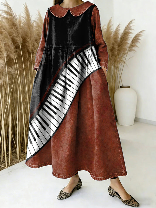 Piano artístico feminino imprime vestido de manga comprida do Vintage