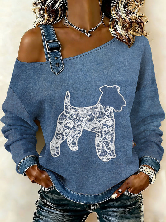 Cão textura do laço Vintage feminino imprimir camisola Off-ombro Casual