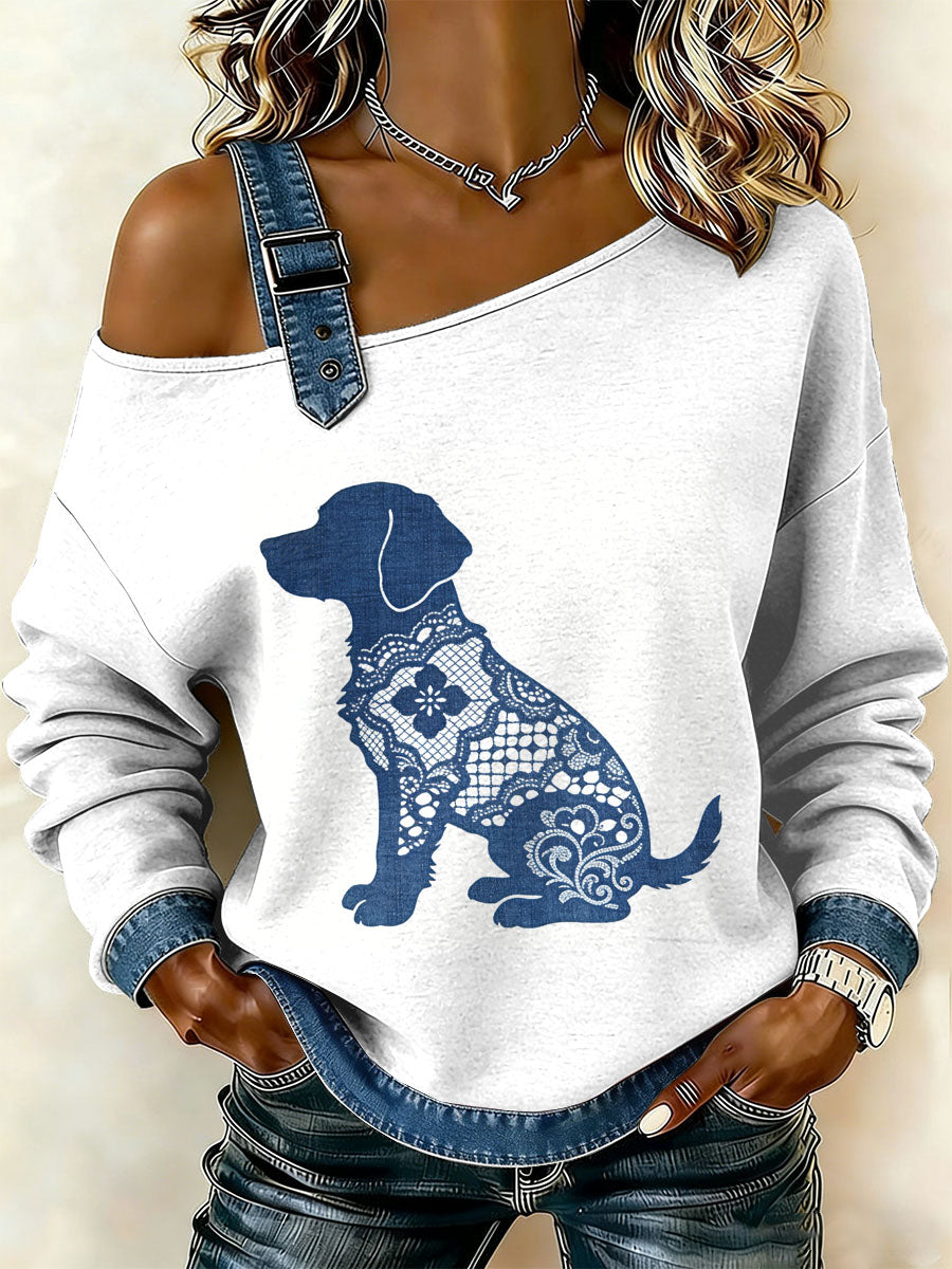 Cão textura do laço Vintage feminino imprimir camisola Off-ombro Casual