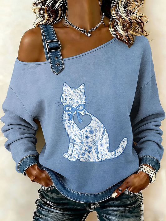 Lace Vintage textura gato feminino imprime camisola Off-ombro Casual