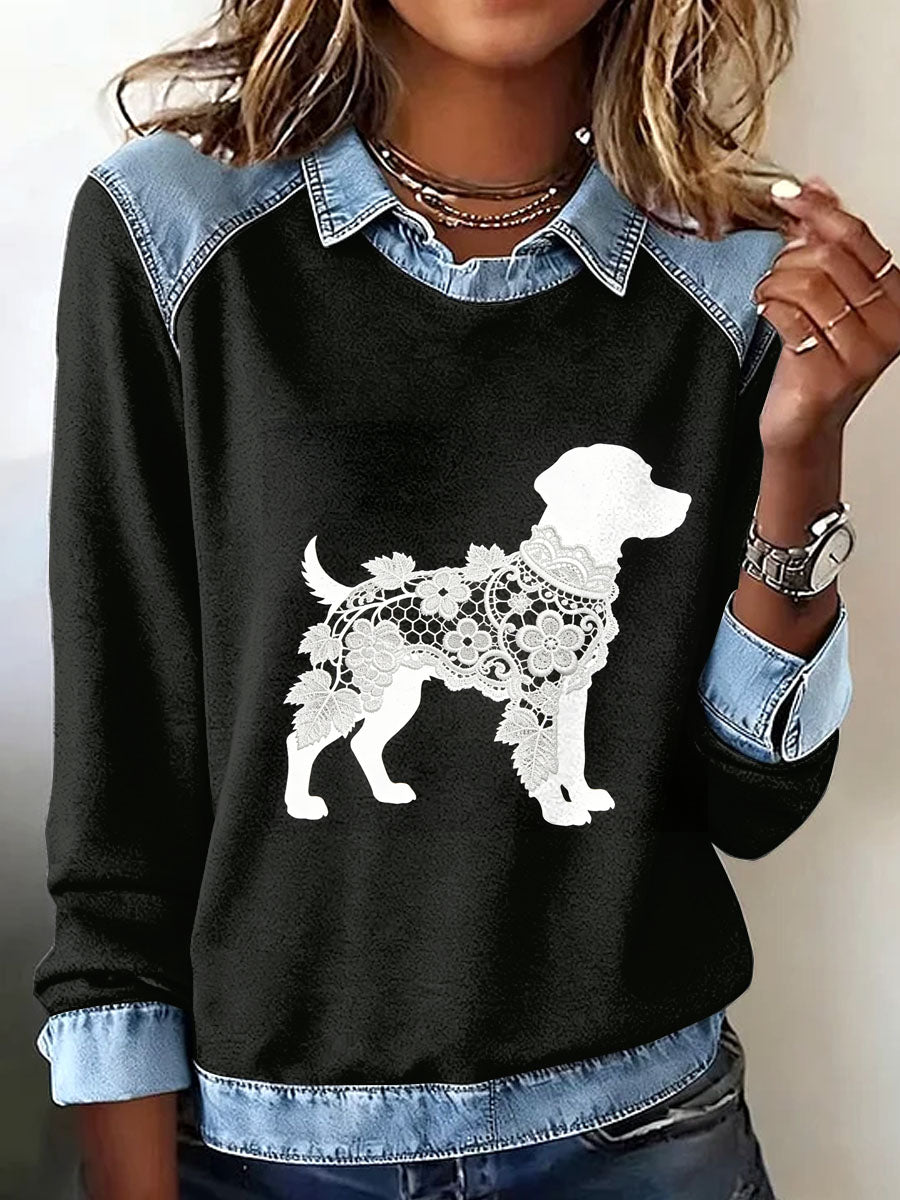 Cachorrinho de textura do laço Vintage feminino imprimir moletom Casual